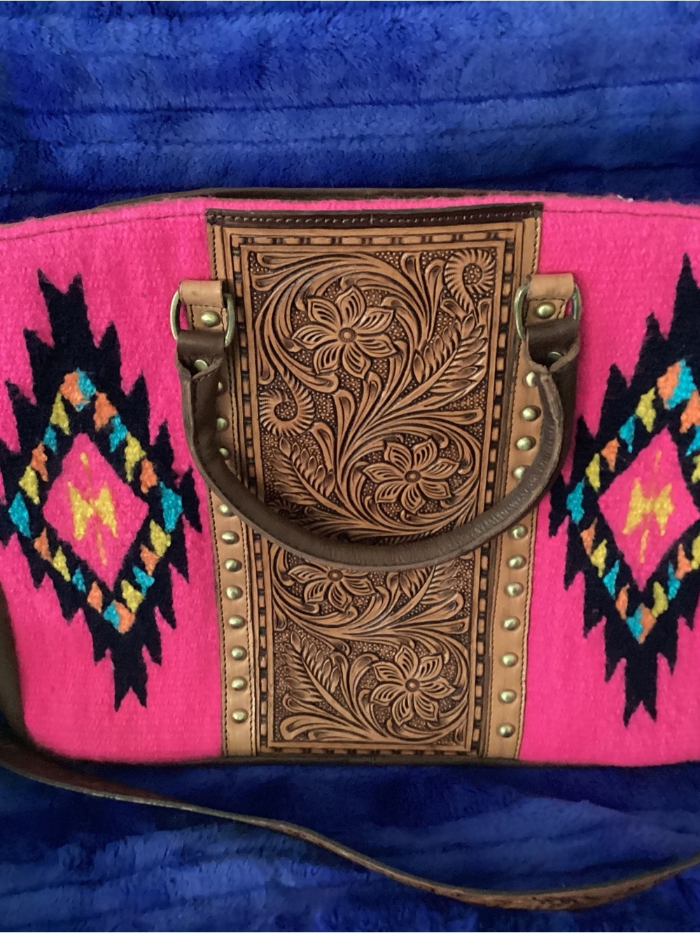 Handcrafted Pink Southwestern Tote with Tooled Leather Panel
